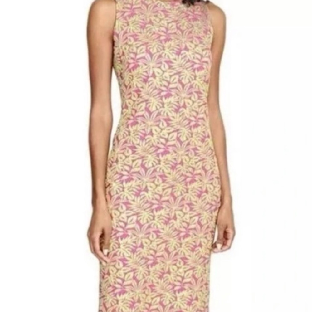 J. McLaughlin Pink and Gold Floral Sheath Midi Dress Size 4